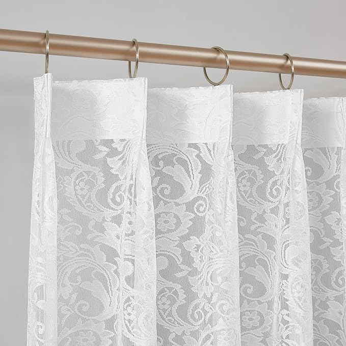 Bujasso White Lace Pinch Pleat Curtains 63 inch, Vintage Floral Sheer Drapes by Bujasso