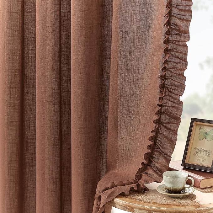 Dark Terracotta Linen Curtains for Bedroom W47 x L54 Inch, 2 Panels | Rod Pocket by TERLYTEX