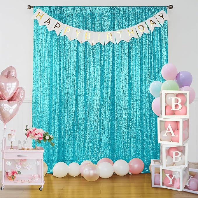 Sugargirl Turquoise Sequin Backdrop Curtain 4FTx8FT Glitter Turquoise - Image 2