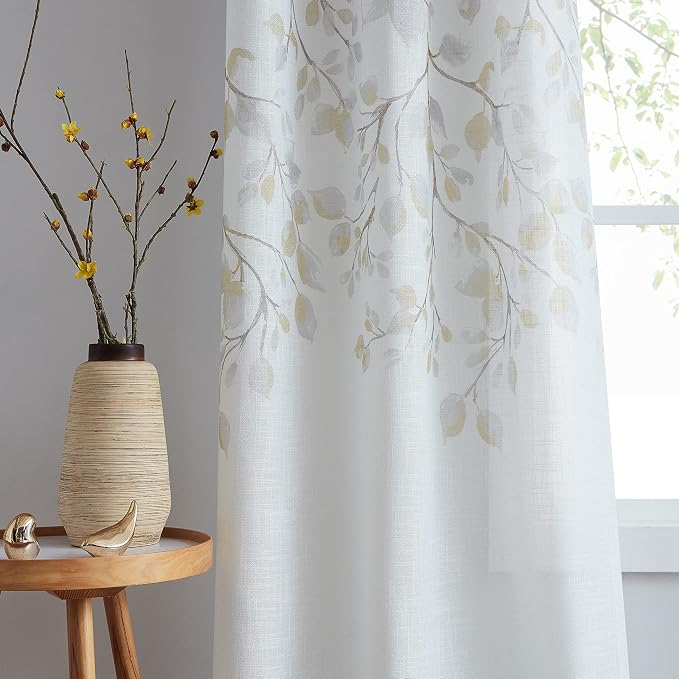 Yellow Leaf Floral Print Metallic Sheer Curtain by CentralPark
