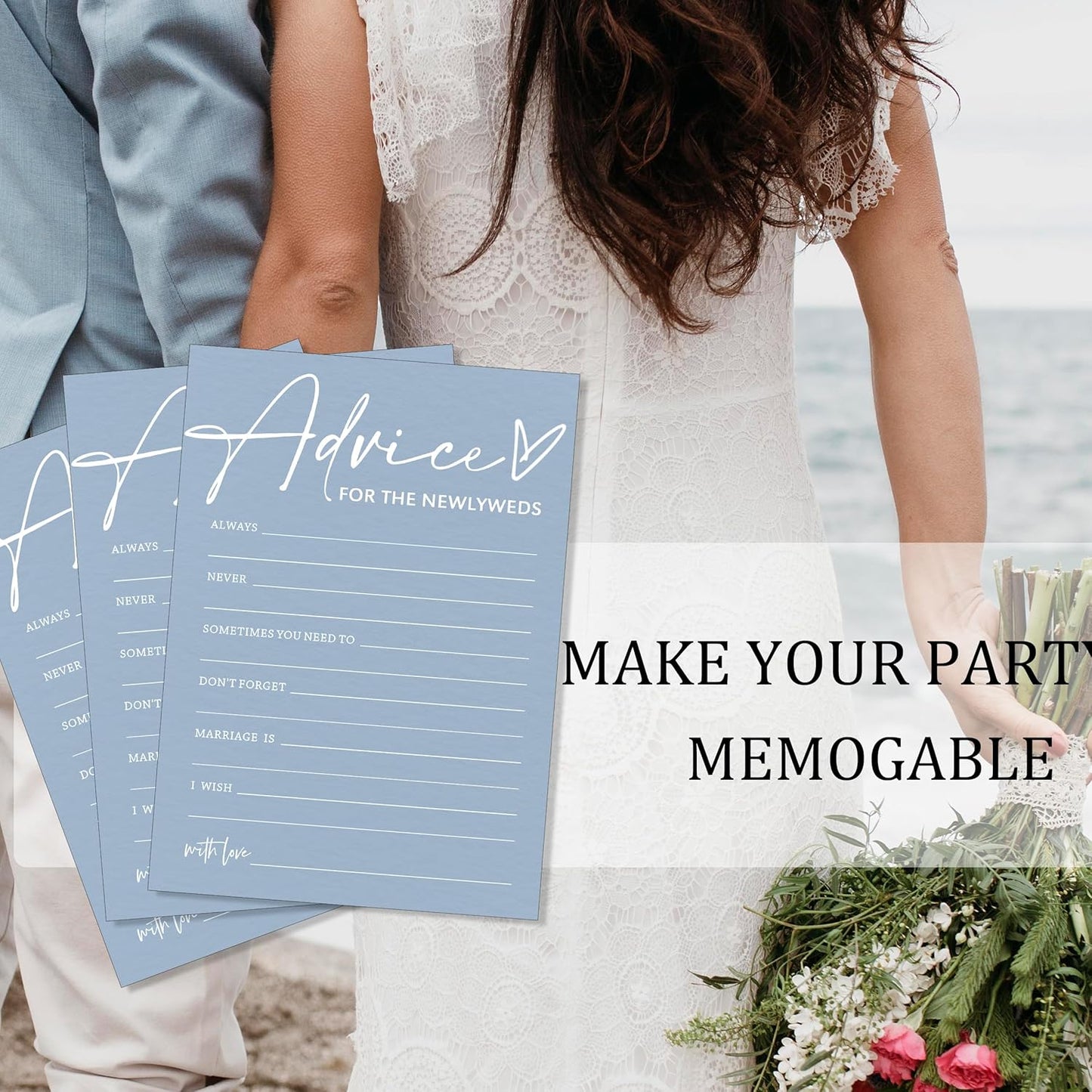 Wedding Advice Cards - Bdvice and Wishes for the Newlyweds Mr and Mrs Bride & Groom Perfect for Bridal Shower Wedding Games and Guest Book Alternative Pack of 25 Minimalist Blue 5x7 Inch Cards - B04
