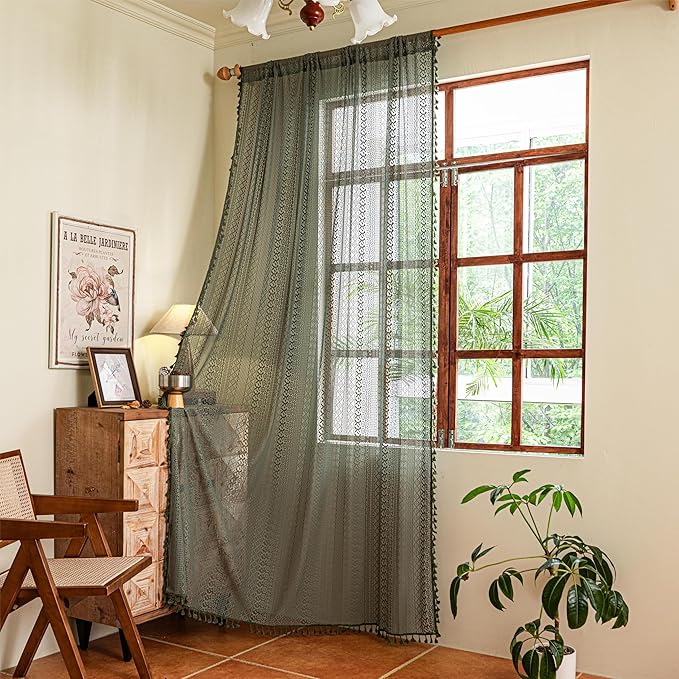 Sutuo Home Olive Green Boho Curtains 63 inches Long by SutuoHome