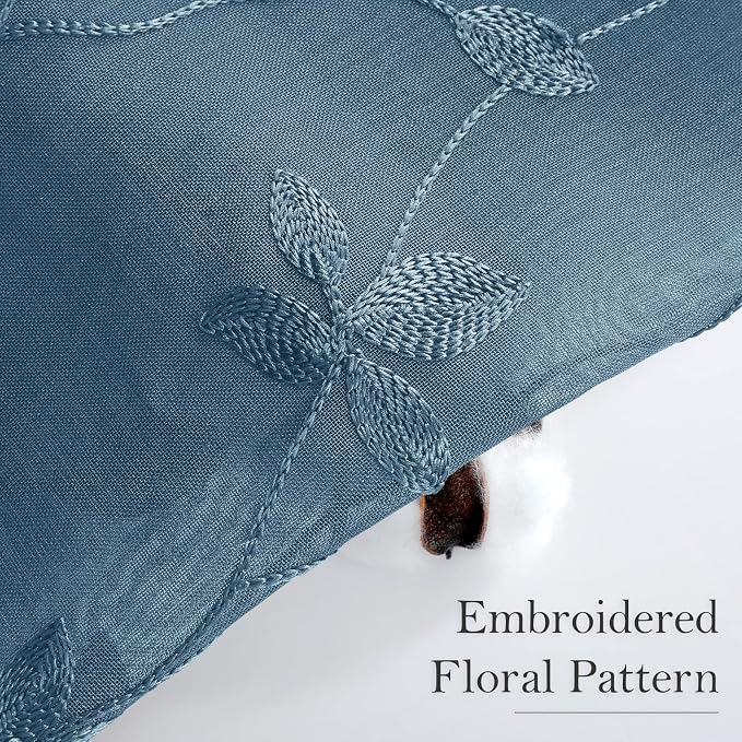 HOMEIDEAS Cyan Blue Sheer Curtains 2 Panels, Embroidered Vine Leaf, W52xL63 | - Image 2