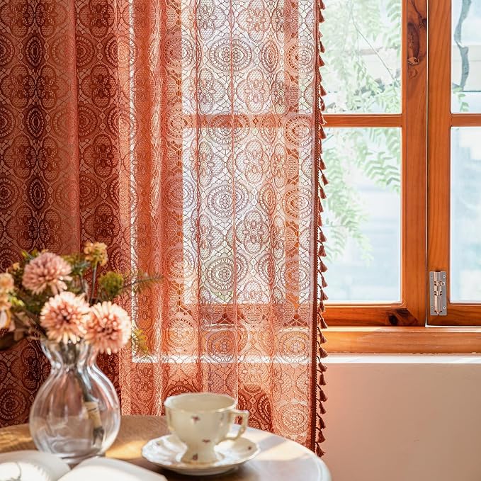 YJ YANJUN Boho Lace Sheer Curtains, Burnt Orange Terracotta, 59x63 inches | 2 by YJYANJUN