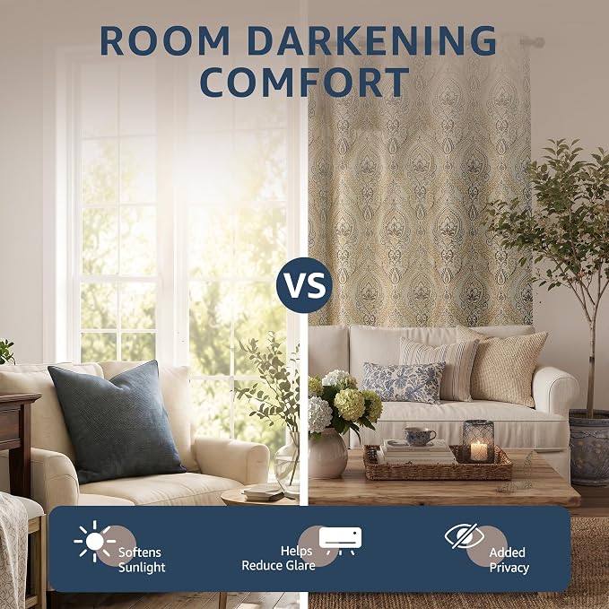 jinchan Taupe Damask Curtains 63 Inch Room Darkening Grommet 2 Panels | - Image 3