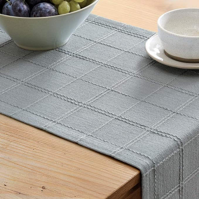 Linen Checked Farmhouse Table Runner, 13x72 Inches Chambray | Raised Grid Design - Image 5