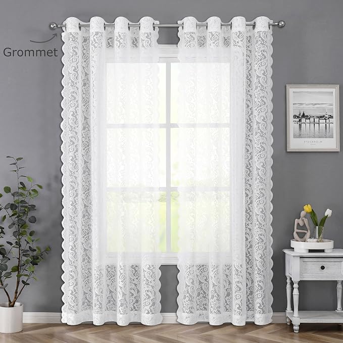 Bujasso White Lace Sheer Curtains 84 inch Vintage Floral Sheer Window Curtain - Image 7