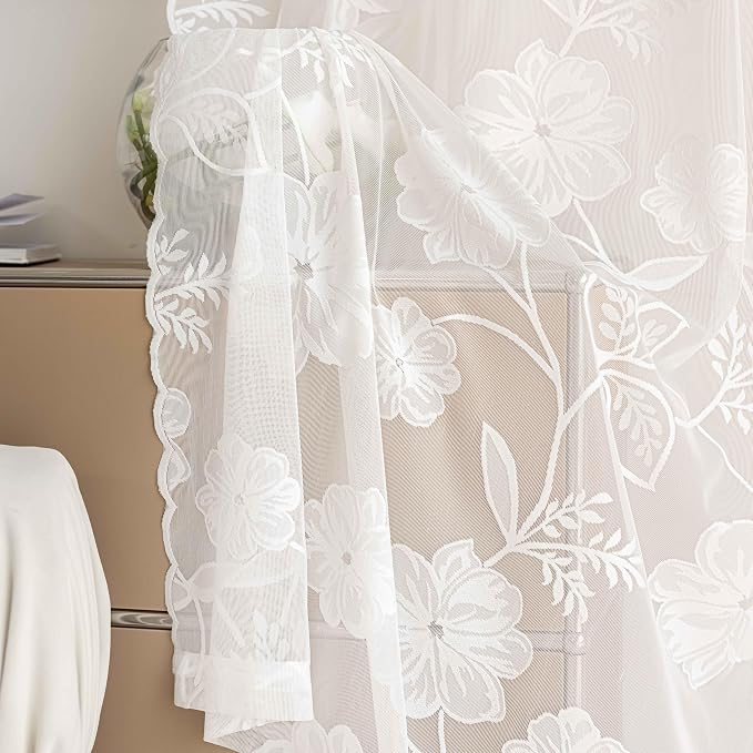 White Lace Sheer Curtains for Living Room 84inch Vintage Rose Botanical Floral - Image 3