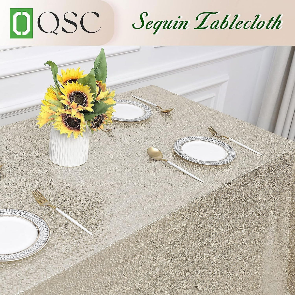 OQSQ Champagne Rectangle Sequin Tablecloth - 60x102 inch, Glitter Drape Table Cloth, Sparkle Sequence Table Overlays for Wedding Birthday Party Baby Bridal Shower