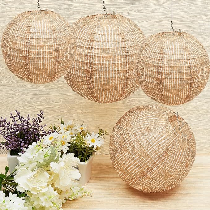 6 Pcs Print Burlap Paper Lanterns Round Chinese Paper Lanterns Farmhouse Boho - Image 4