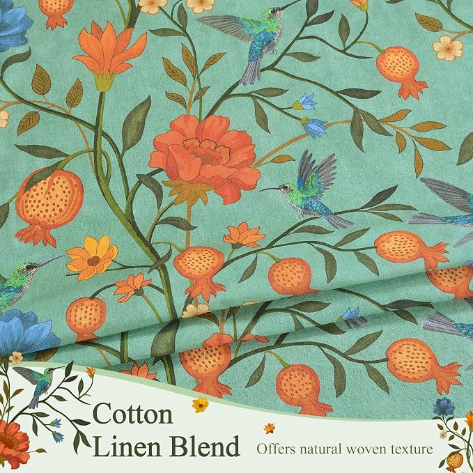 Green Floral Linen Curtains, Boho Whimsical Bird Print Curtains - Image 5