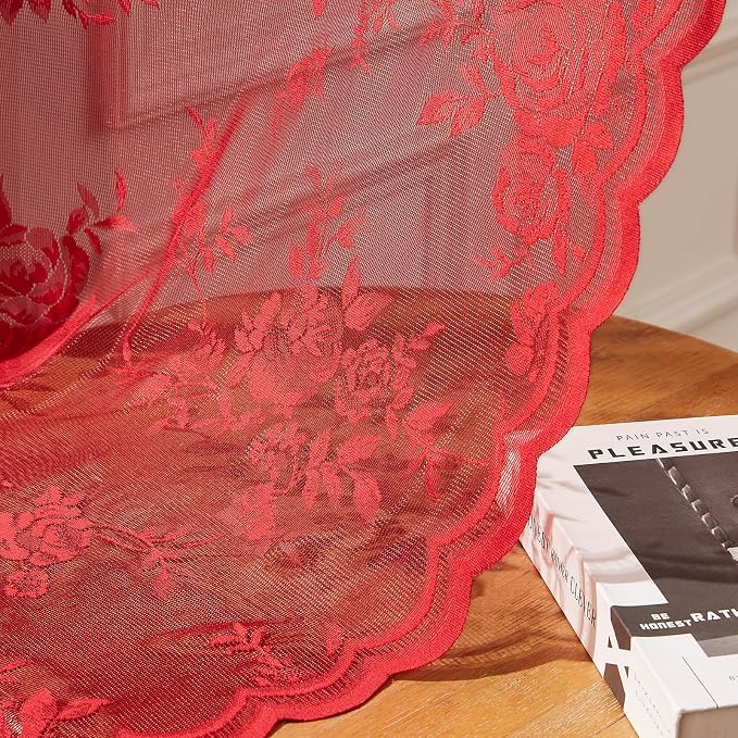 Red Lace Curtains 96 Inches Long 2 Panels Christmas Romantic Flower Sheer - Image 6