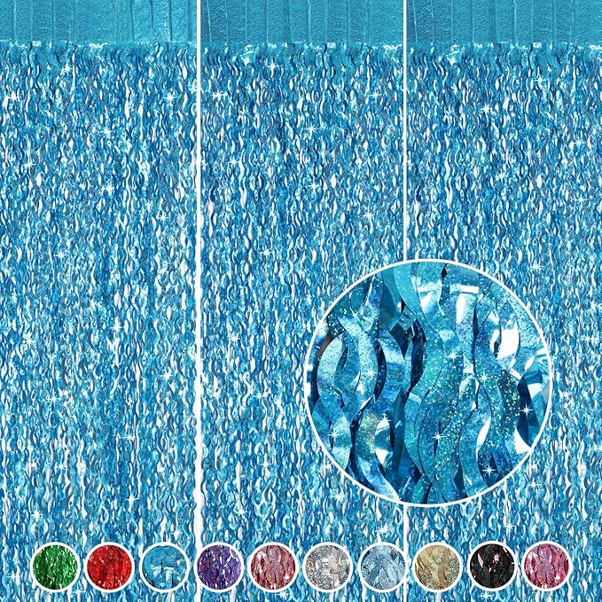CYLMFC 3 Pack 3.3 ft x 6.6 ft Teal Foil Fringe Curtains by CYLMFC