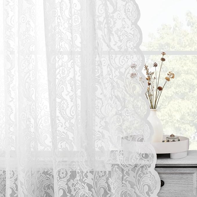 Bujasso White Lace Pinch Pleat Curtains 63 inch, Vintage Floral Sheer Drapes - Image 3
