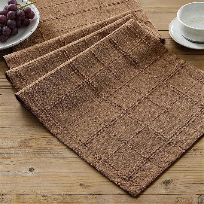 Linen Checked Farmhouse Table Runner, 13x90 Inches Roasted Brown | Raised Grid by ZEEMARTONLINE