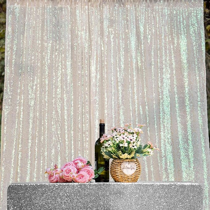 JYFLZQ White Iridescent Sequin Backdrop Curtains 2ft x 8ft 4 Panel Glitter - Image 2