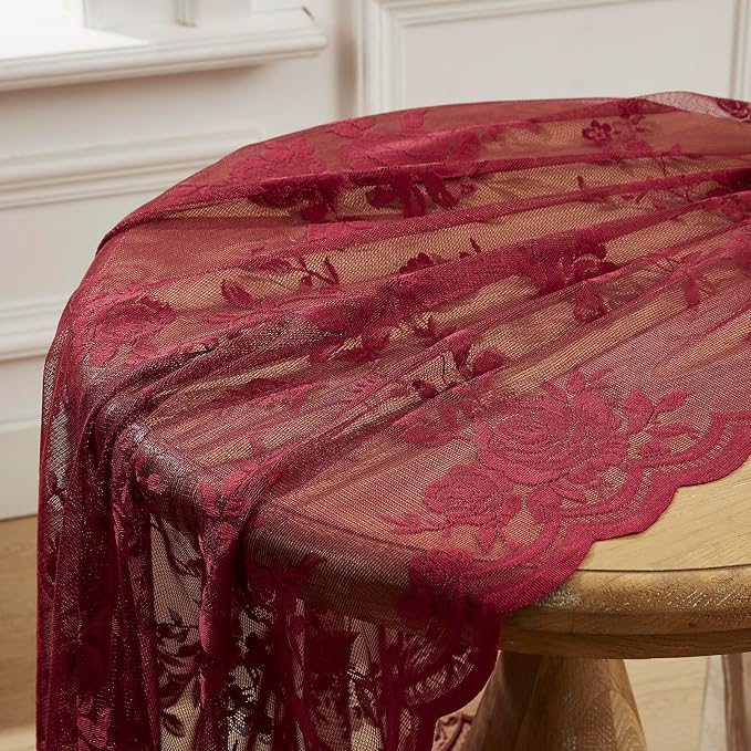 Maroon Lace Curtains 72 Inch Length Modern Floral Curtains 2 Panels set - Image 7
