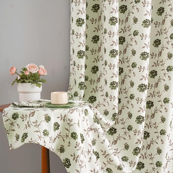 Beauoop Floral 100% Blackout Curtains Bedroom Green Brown 52x96 2 Panels | Rose - Image 5