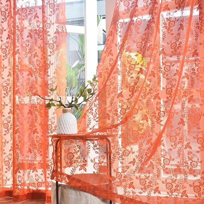 FINECITY Burnt Orange Floral Sheer Curtains - Image 5