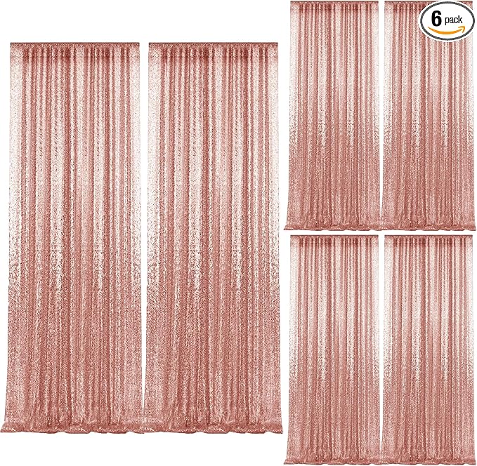 2×8FT-6PCS Rose Gold Sequin Backdrop Curtains Panels, Photography Backdrop by Pufogu