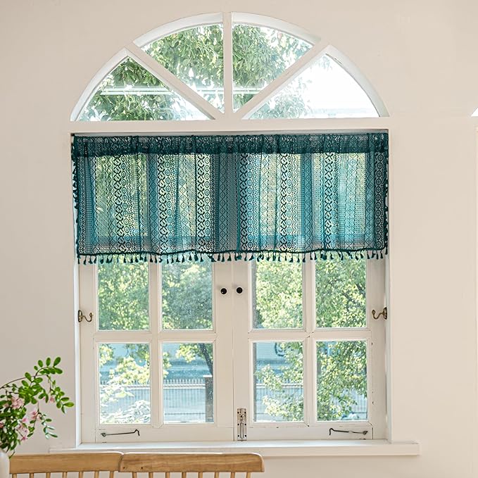 Sutuo Home Boho Valance Tier Curtains Crochet Lace Sheer Bohemian Hollow Knitted by SutuoHome