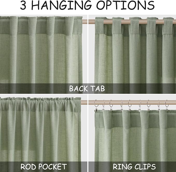 Light Sage Linen Curtains 96 Inches Long 2 Panels Set - Image 2