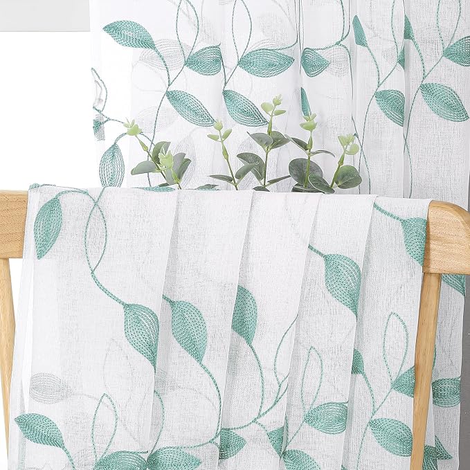 Tollpiz Teal Blue Leaf Sheer Curtain Leaves Embroidered Bedroom Curtains Rod - Image 6