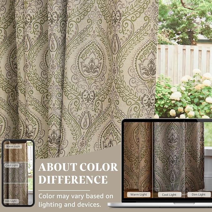 jinchan Sage Green Damask Curtains 96 Inch Room Darkening Grommet 2 Panels | - Image 4