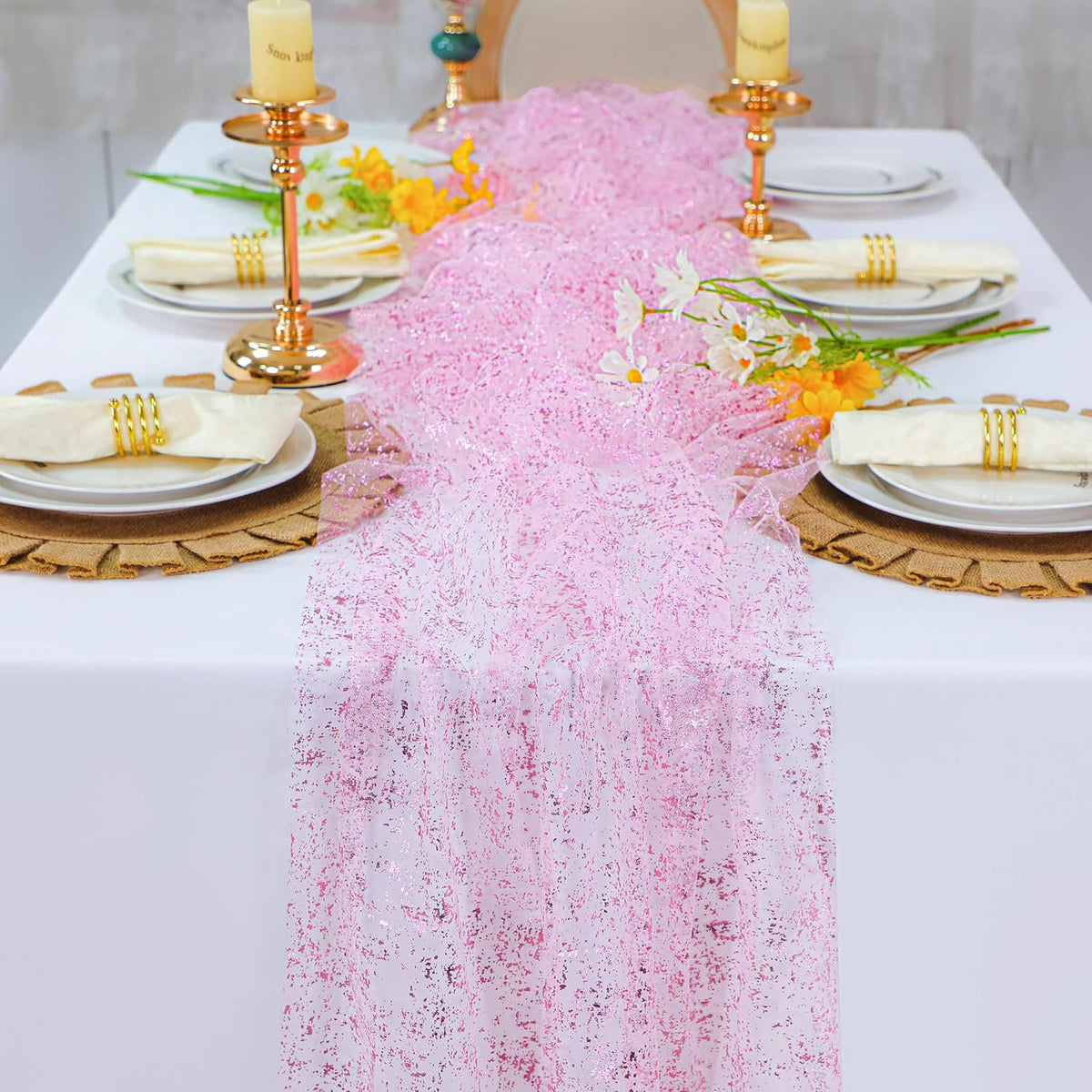 Snowkingdom 10 FT Pink Table Runner, Sequin Glitter Sheer Chiffon Gauze Cheesecloth Pastel Runner 120 Inch , Pink Party Table Decoration for Birthday Wedding Bridal Baby Shower Spring Summer Holiday