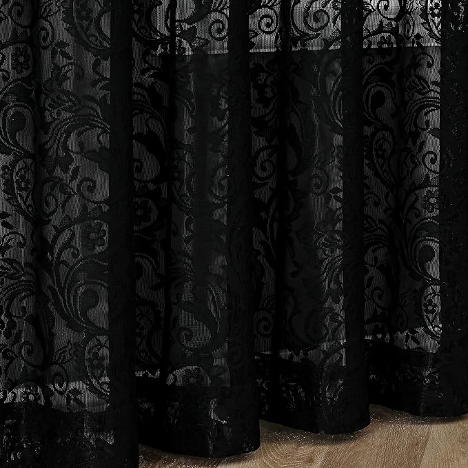 Bujasso Black Sheer Lace Curtains 54 inch Vintage Floral Short Curtain Panels - Image 4