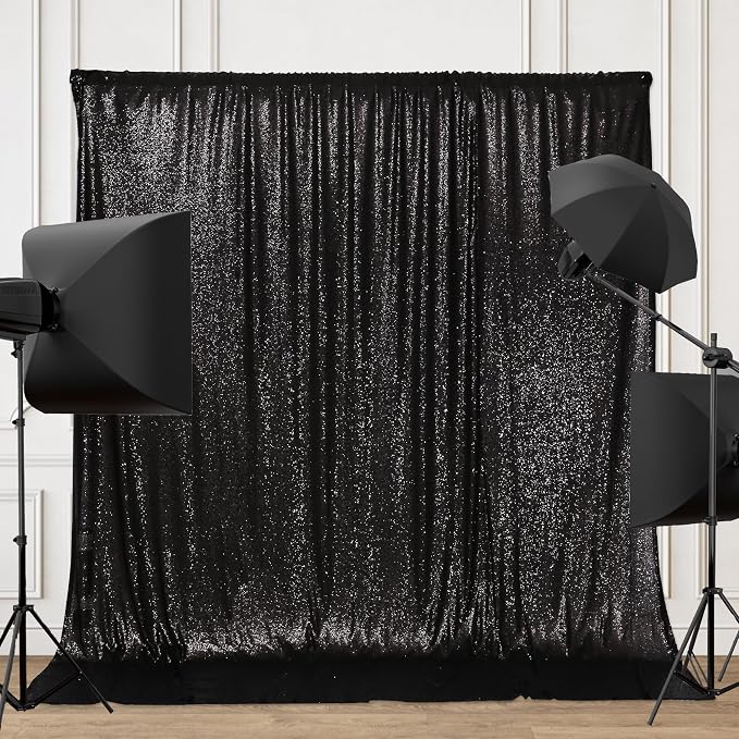 PartyDelight Black Sequin Backdrop 6x7ft Sparkly Photo Curtain | 4 Inch Rod by PartyDelight