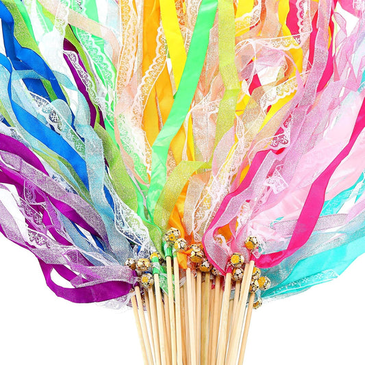 40 Pieces Ribbon Wedding Streamers with Bells, Lace Fairy Stick Wand Party Streamers Chromatic Silk Streamers for Party, Birthday and Holiday