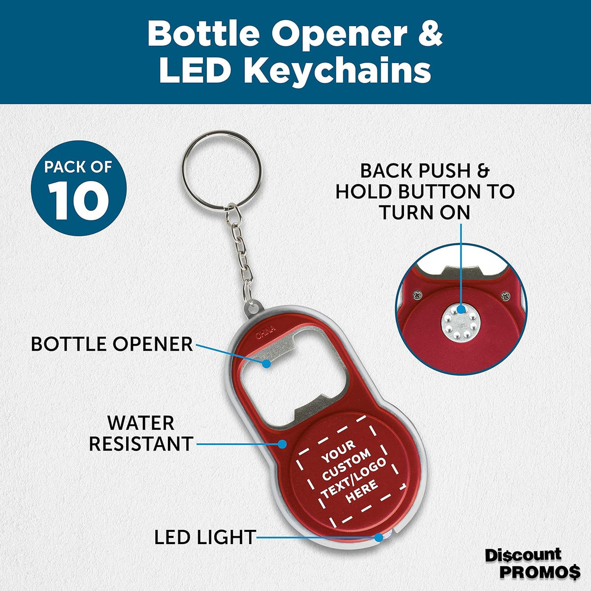 DISCOUNT PROMOS Custom Bottle Opener & LED Keychains Set of 10, Personalized Bulk Pack - Perfect for Tradeshows, Party Favors, Other Events - Red