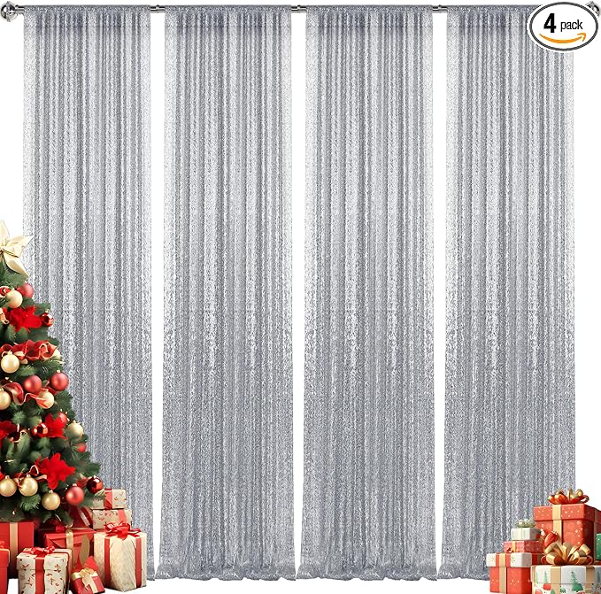 2×8FT-4PCS Silver Sequin Backdrop Curtains Panels, Photography Backdrop Glitter by Pufogu