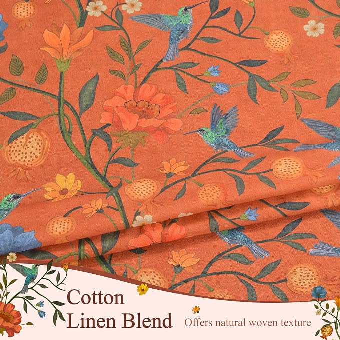 Terracotta Floral Linen Curtains, Boho Whimsical Bird Print Curtains - Image 5