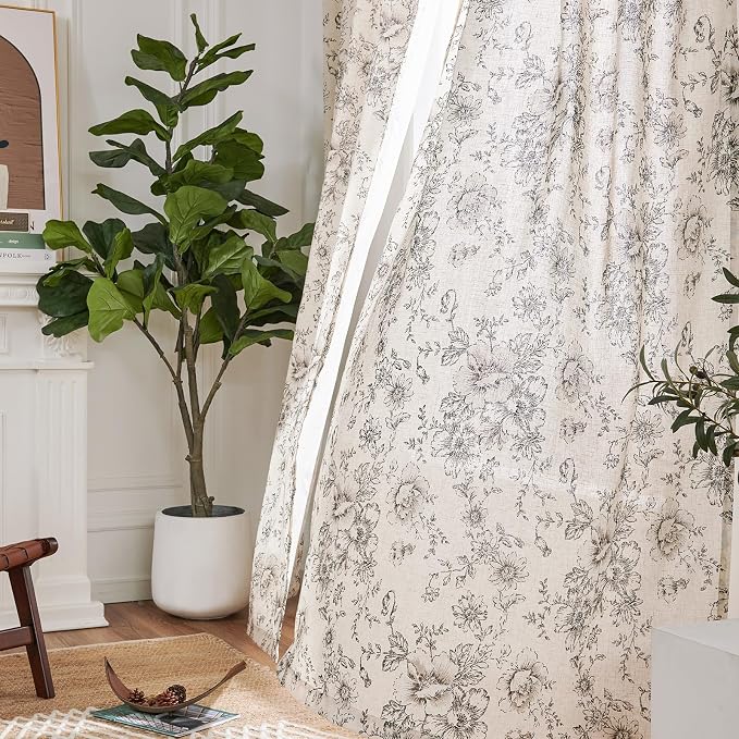 jinchan Black Floral Linen Curtains 90 Inch Vintage Back Tab 2 Panels | Light - Image 6