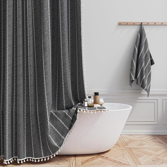 54x78 Boho Farmhouse Linen Heavy Duty Shower Curtain, Charcoal Grey | Narrow by ShowerCurtain