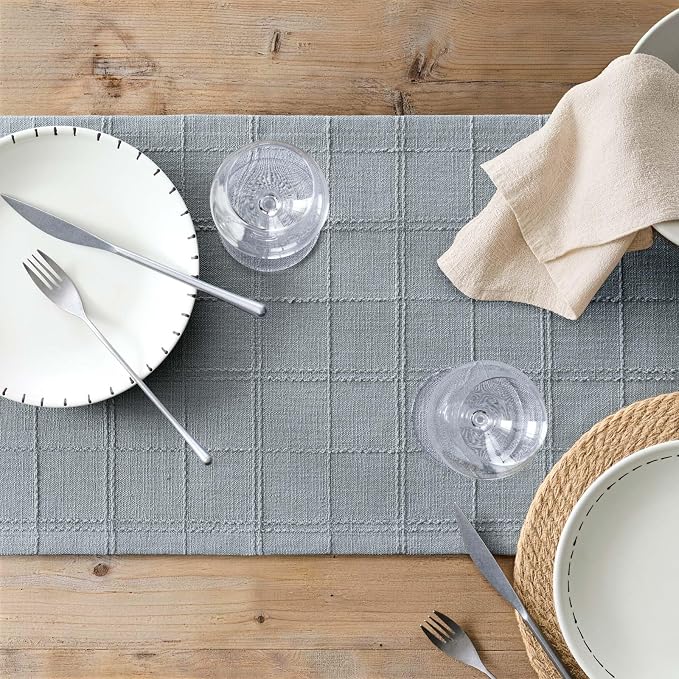 Linen Checked Farmhouse Table Runner, 13x72 Inches Chambray | Raised Grid Design - Image 7
