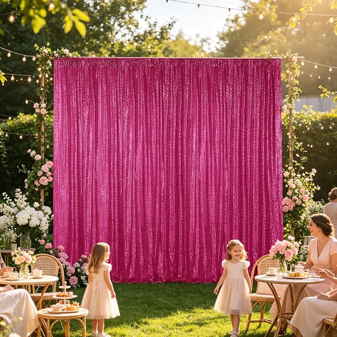 Hahuho Fuchsia Sequin Backdrop Curtain, Party Decoration（2 Panels, 4FT x 8FT - Image 3