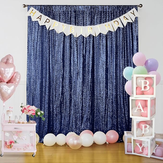 Sugargirl Navy Sequin Backdrop Curtain 7FTx7FT Glitter Navy Background Drapes - Image 9