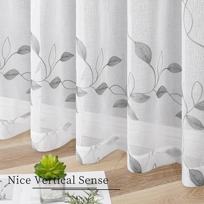Tollpiz Grey Leaf Sheer Curtain Bedroom 38 x 63 Inches | Leaves Embroidered - Image 4