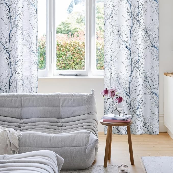 FMFUNCTEX Linen Blue White Semi Sheer Print Curtains 96 Inch Long 2 Panels | - Image 5
