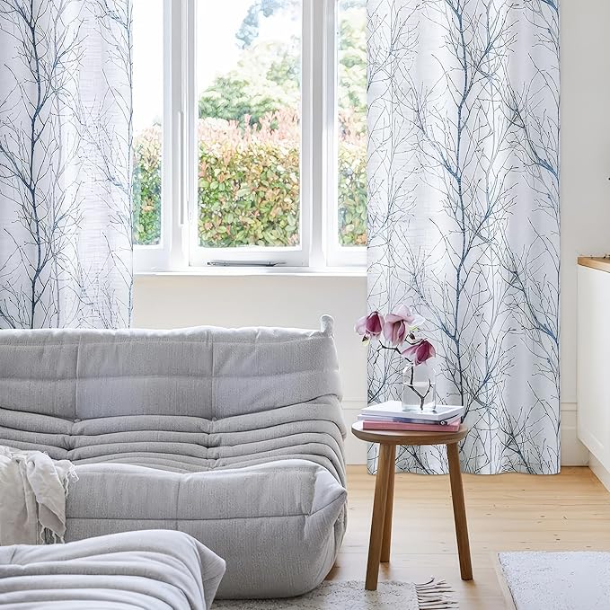 FMFUNCTEX Linen Blue White Semi Sheer Print Curtains 54 Inch Long 2 Panels | - Image 5