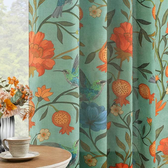 Green Floral Linen Curtains, Boho Whimsical Bird Print Curtains by JOOJA