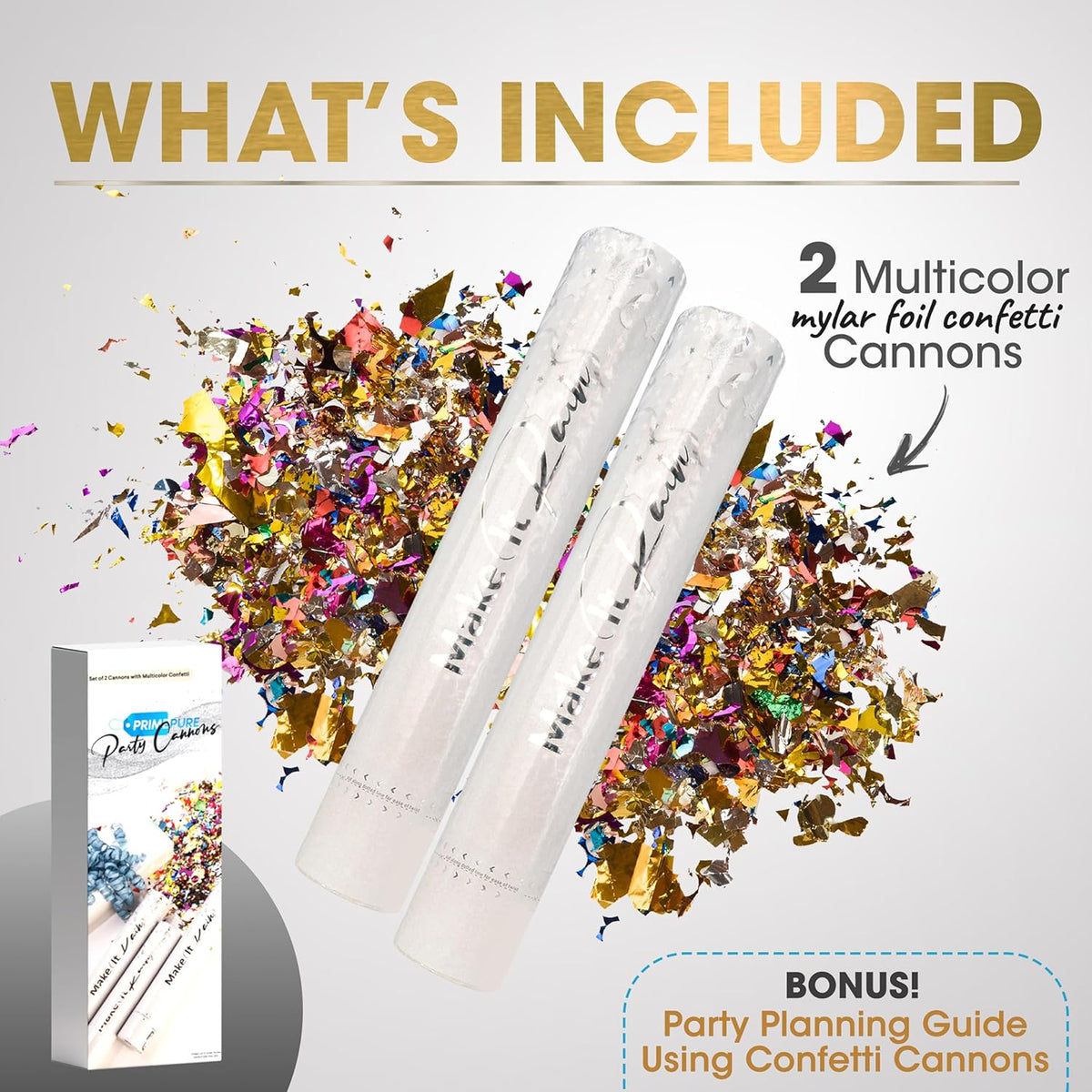 PrimePure Confetti Cannon Party Poppers - Metallic Foil Multicolor Confetti Poppers - 2 Pack - Easy-to-Use Party Cannon - Glitter Bomb Sparkle Pop Gun for Graduation, Birthday, Celebration, Prank