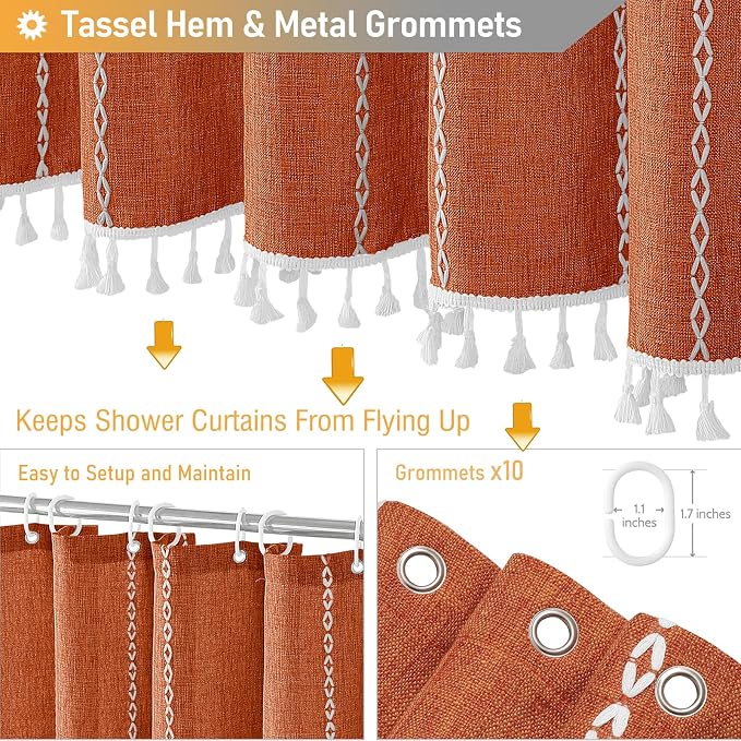 60x72 Boho Farmhouse Linen Heavy Duty Shower Curtain Set, Burnt Orange | Narrow - Image 5