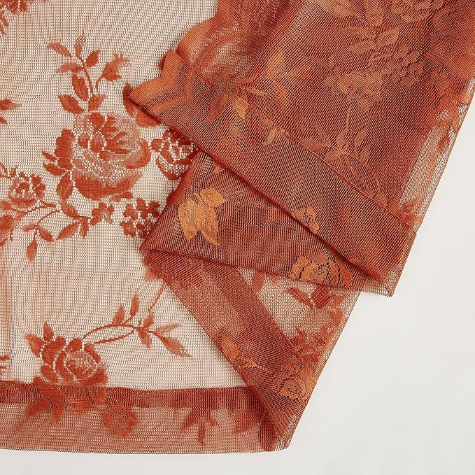 Terracotta Lace Curtains 90 Inches Long Rust Country Floral Sheer Curtains - Image 8
