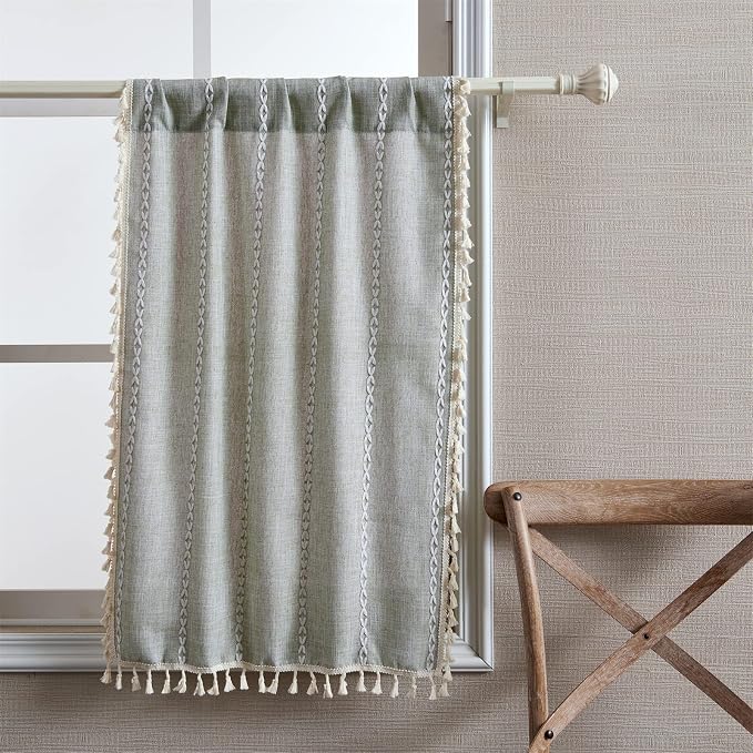 RoomTalks Green Boho Farmhouse Kitchen Curtains 54 Inch Length French Striped - Image 2