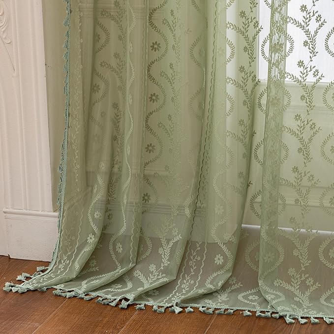 WAZZIO Boho Lace Curtains 2 Panels 72 Inch -Vintage Victorian Sheer Panel Drape - Image 6