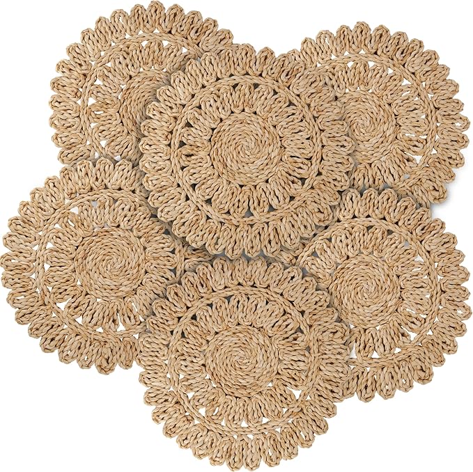 15" Corn Husk Woven Round Placemats Set of 6 by DaiVuCrafts